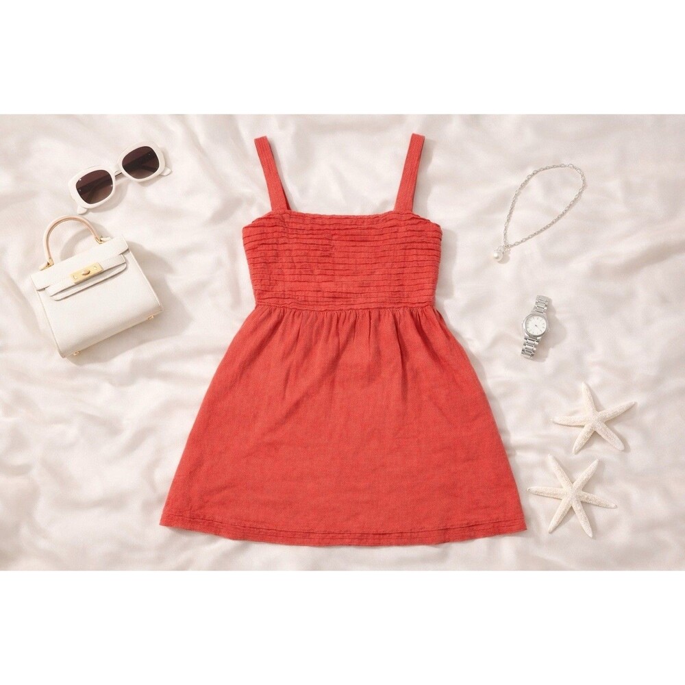 Rachel Zoe Linen Blend Mini Dress Coral Pleated Bodice Pockets Summer Dress 12